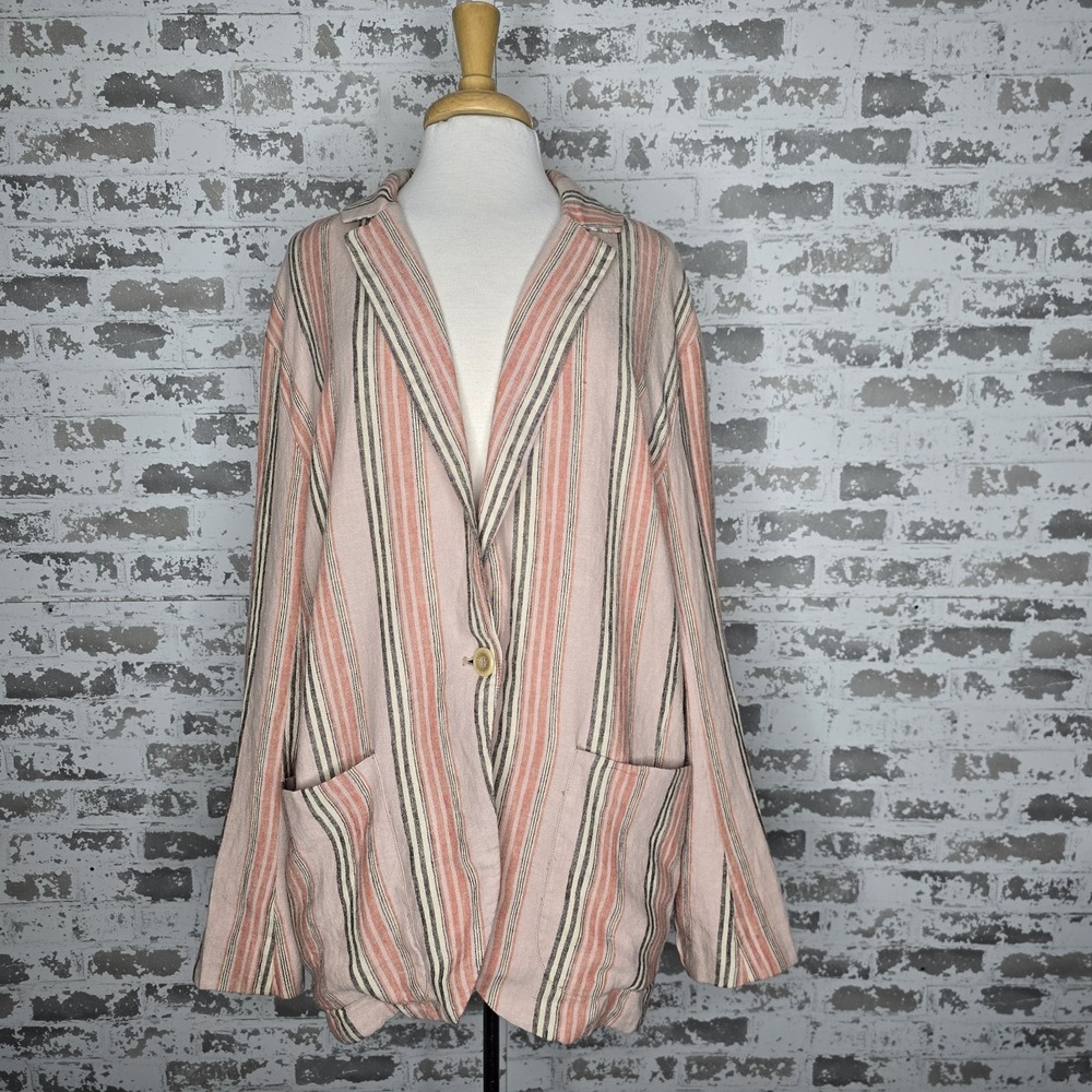 Free People Blazer Womens Small Oversized Relaxed Fit Linen Blend Simply Stripe